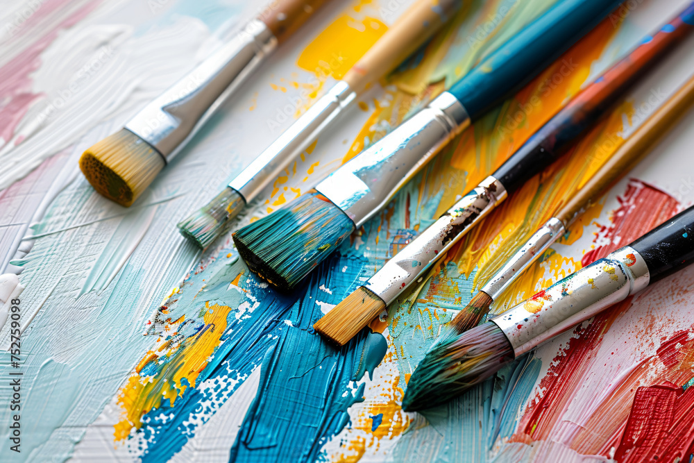 Fototapeta premium Assorted paint brushes with vibrant bristles on a textured painted background. Artistic tools concept. Design for art workshop poster, banner, and creativity-themed backgrounds.