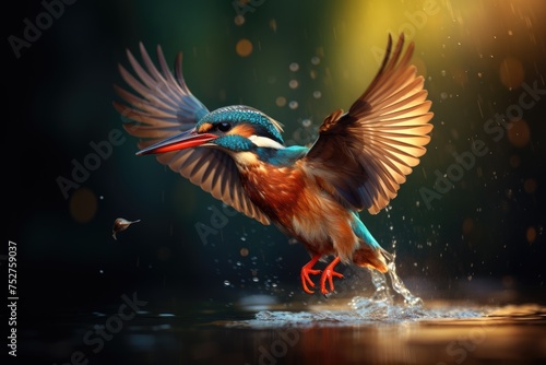 Kingfisher catching a fish in a river, European kingfisher (alcedo atthis) flying  from water with caught fish, Ai generated