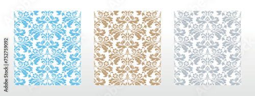 Wallpapers in the style of Baroque. Seamless vector backgrounds. Set of colored floral ornaments. Graphic patterns for fabric, wallpaper, packaging. Ornate Damask flower ornaments