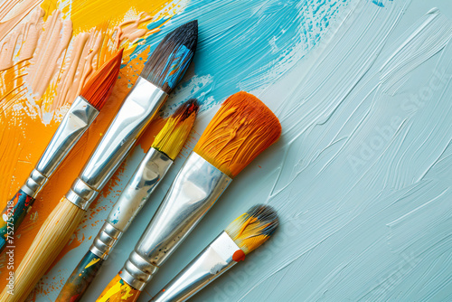 Assorted paint brushes with vibrant bristles on a textured painted background. Artistic tools concept. Design for art workshop poster, banner, and creativity-themed backgrounds.