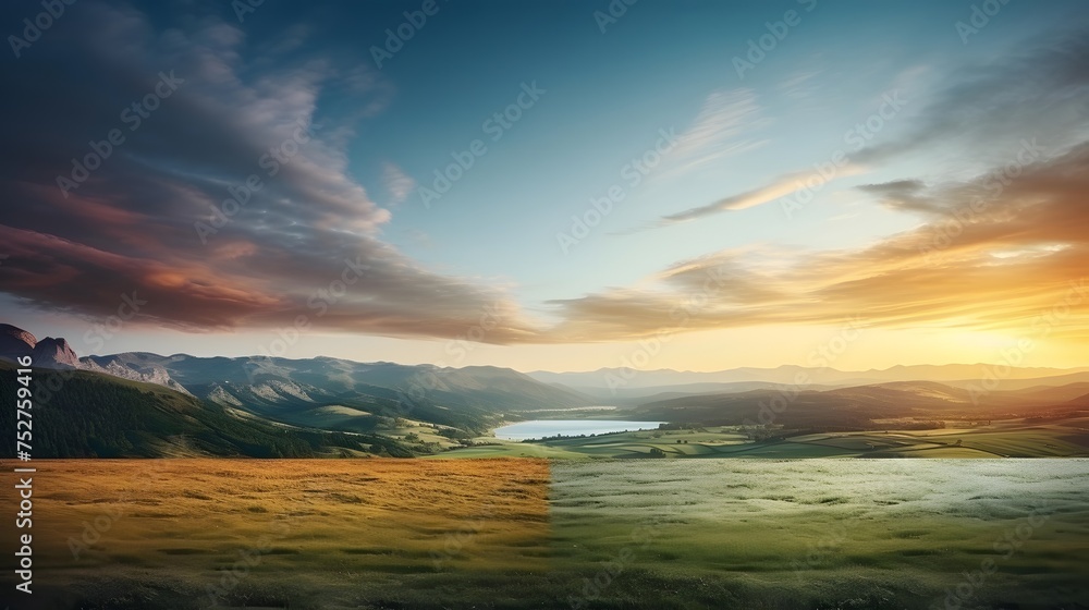 Beautiful sunset over the lake. Nature composition. Panoramic image.