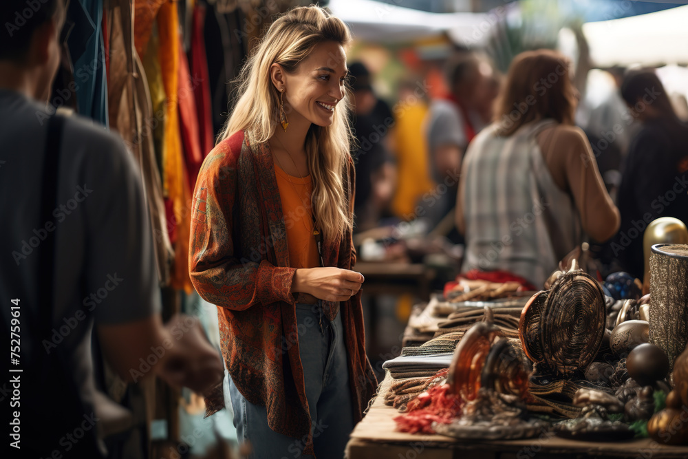 © FutureStock - Young smiling woman standing and selling goods on flea market. Blonde positive woman working as seller on outdoor marketplace. © FutureStock - Young smiling woman standing and selling goods on flea market. Blonde positive woman working as seller on outdoor marketplace.