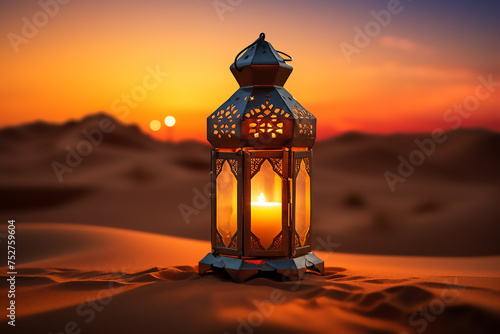 The lantern lights in the desert at night have a Ramadan feel with generative ai
