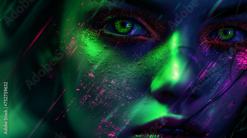 Beauty portrait with vibrant digital glitch art effects.