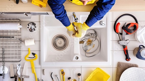 Handyman repairing a clogged sink. Skilled, plumber, fixing, maintenance, household, service, plumbing, technician, tools. Generated by AI photo