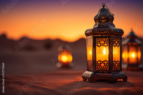 The lantern lights in the desert at night have a Ramadan feel with generative ai