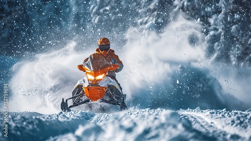 Snowmobile riding at beautiful winter snowcapped road, with a huge splashes of snow. copy space for text.