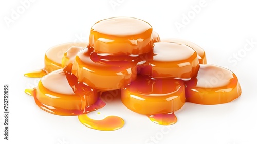 Sweet Indulgence: Caramel Candies and Caramel Sauce Isolated on White Background photo