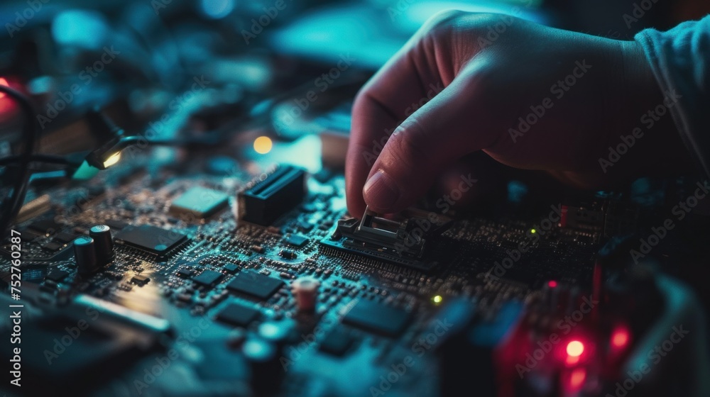 Hand of technician repairing a computer, process replacing the components Hand of technician repairing a computer, process replacing the components