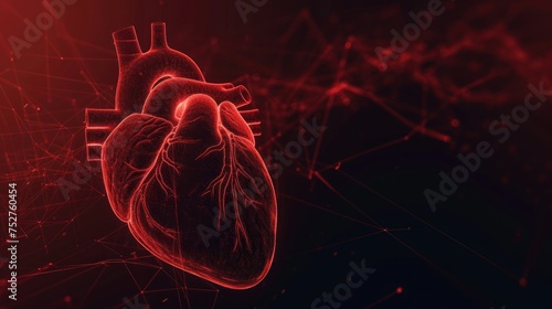 Wireframe red human heart with red cardio pulse line, cardiogram health organ