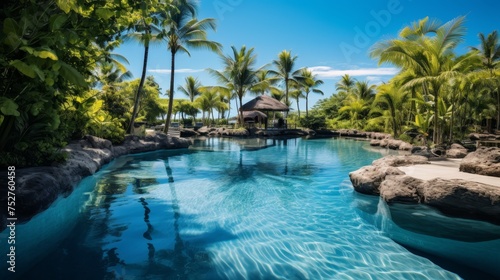 Tropical paradise with a crystal clear pool surrounded by lush palm trees