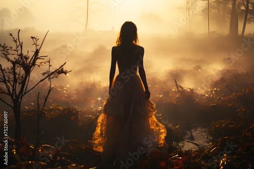 View of woman long hair put on dress from behind walking in amidst dust and fog with orange sunlight in evening are background. Realistic clipart template pattern. Background Abstract Texture. photo