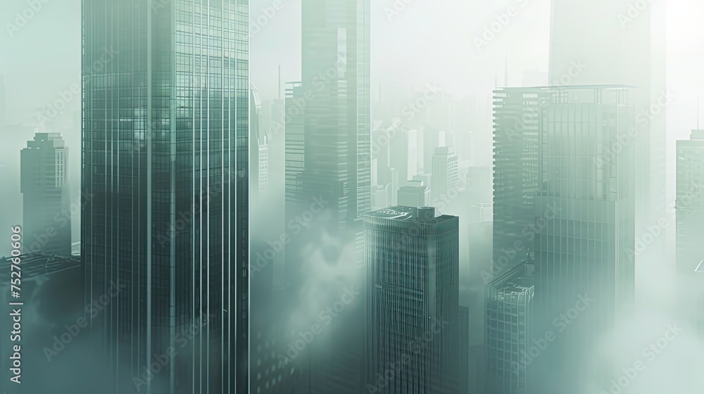 Cityscape with skyscrapers in the fog. Towering buildings, skyline, downtown, city lights, architecture, modern, metropolis, panoramic view, bustling city, skyscraper skyline. Generated by AI