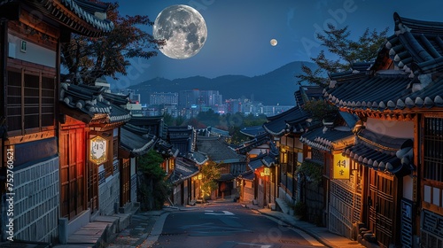 Spring time of changgyeonggung palace at night with full moon in seoul south korea