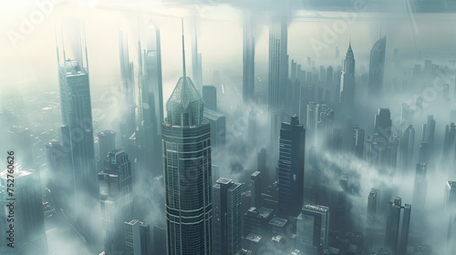 Cityscape with skyscrapers in the fog. Modern, skyline, downtown, architecture, buildings, metropolis, city lights, business district. Generated by AI