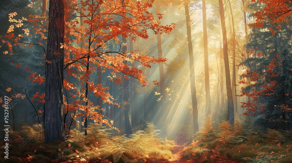 Autumn forest landscape. Foliage, clearing, nature, moss, rays, melancholy, sun, light, harvest, mushrooms, yellow, red, fallen leaves, fog. Generated by AI