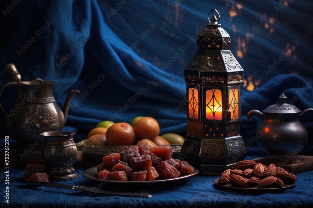 Lantern that have moon symbol on top and small plate of dates fruit with night sky and city bokeh light background for the Muslim feast of the holy month of Ramadan Kareem. Lantern that have moon symbol on top and small plate of dates fruit with night sky and city bokeh light background for the Muslim feast of the holy month of Ramadan Kareem.
