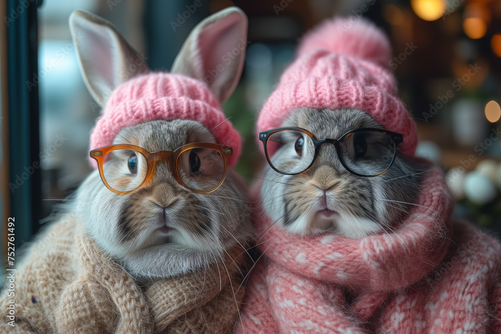 old couple of rabbits or Bunnies in glasses in the warm wearing knitted pink outfit old couple of rabbits or Bunnies in glasses in the warm wearing knitted pink outfit