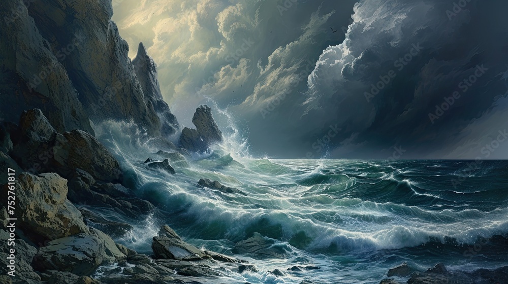 Storm at sea. Sea, storm, wind, waves, thunderstorm, ship, hurricane, calm, ocean, shipwreck, weather, boat, tsunami, rain, elements. Generated by AI - obrazy, fototapety, plakaty 