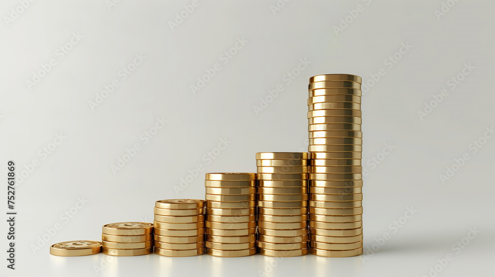 Golden stacks of coins. Money Growth, investment and finance increase concept.