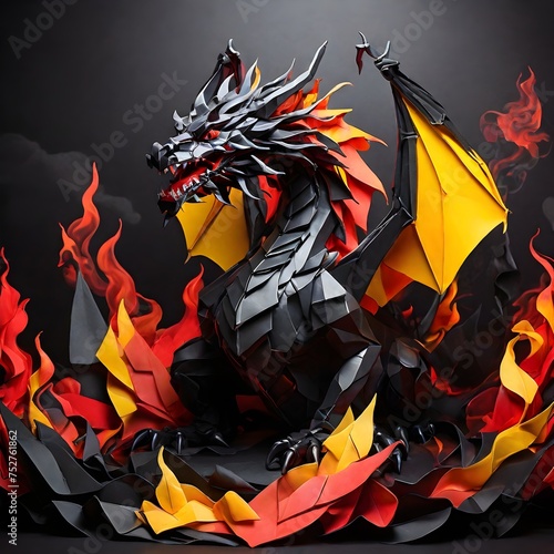 "Fireside Origami: A Colorful Symphony of Black, Red, and Yellow Dragons