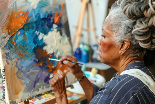 Elderly African American woman painting on canvas, focused on her artwork in a studio setting.