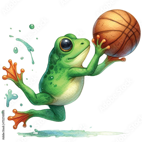 frog cute holding a basketball ball  clipart watercolor  © Kawin