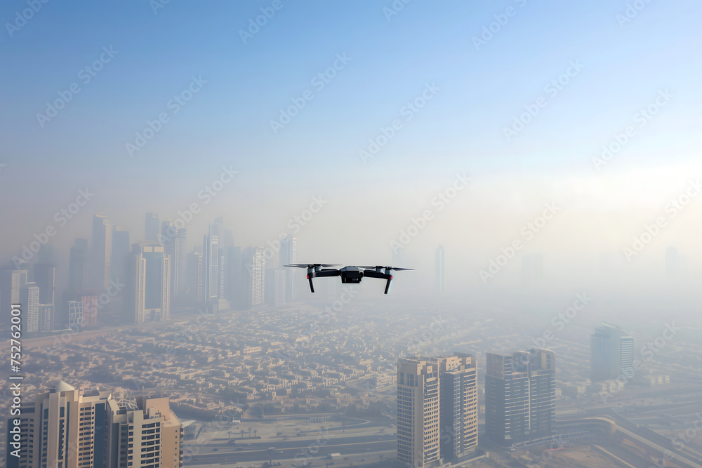 Flying drone above the city at summer morning. Neural network generated image. Not based on any actual scene or pattern. Flying drone above the city at summer morning. Neural network generated image. Not based on any actual scene or pattern.
