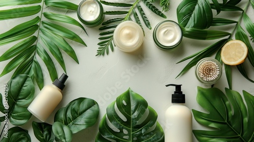 Cruelty-free beauty products made with natural ingredients and no animal testing  showcased with green leaves.