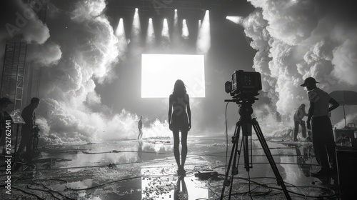 Silhouette of film crew, in the studio. Behind the scene of film production.