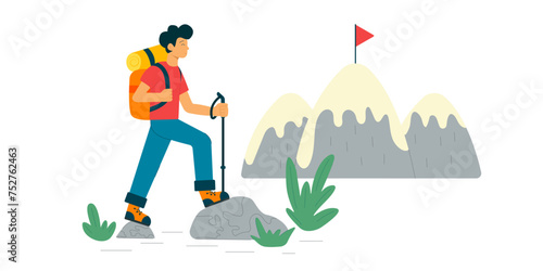 Man is climbing a mountain. Hiking and trekking in nature. Vector illustration