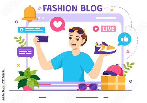 Fashion Blog Vector Illustration with Bloggers Review Videos of Fashionable Clothes Trends and Run Online in Flat Cartoon Background Style