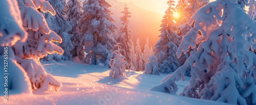 Snowy Sunset in the Pine Forest A Serene Winter Scene Generative AI