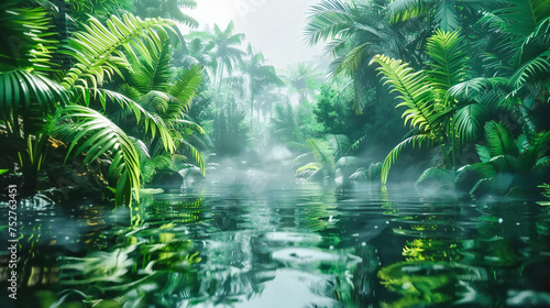 Lush Jungle Reflections  Natures Palette of Greens  A Serene Waterway Through the Forest