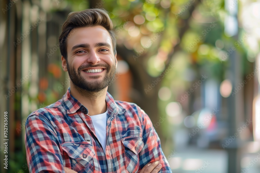A man with a plaid shirt and beard is smiling and posing for a picture A man with a plaid shirt and beard is smiling and posing for a picture