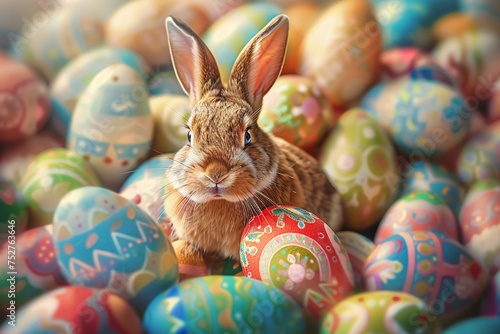 Bunny in a Basket of Easter Eggs Generative AI