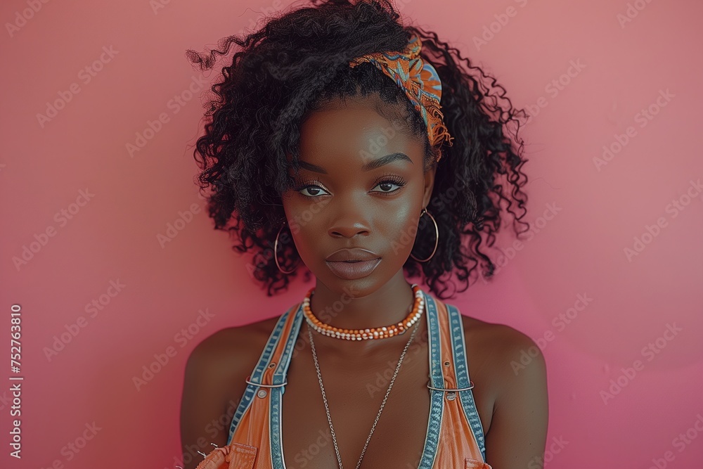 A woman with curly hair and a headband is standing in front of a pink wall A woman with curly hair and a headband is standing in front of a pink wall