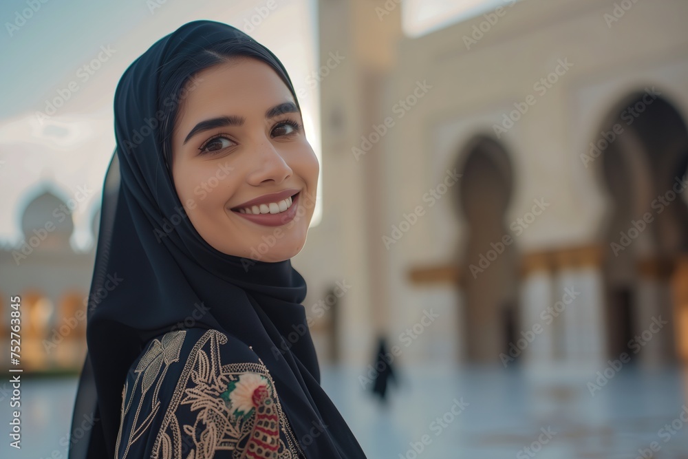 A woman wearing a black scarf and smiling A woman wearing a black scarf and smiling