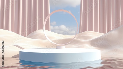 Minimal empty 3D product display pedestal podium in sand and water with a curtain at the background photo