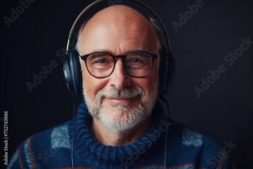 A man wearing glasses and headphones is smiling