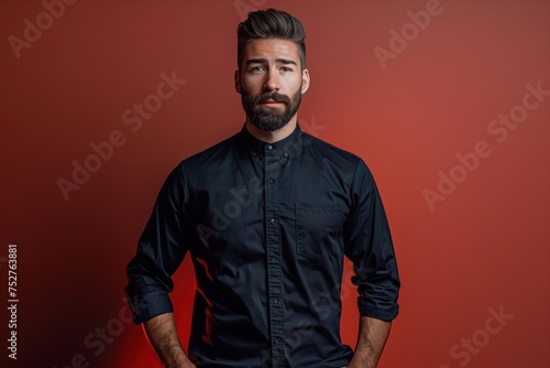 A man with a beard and a black shirt is standing in front of a red background