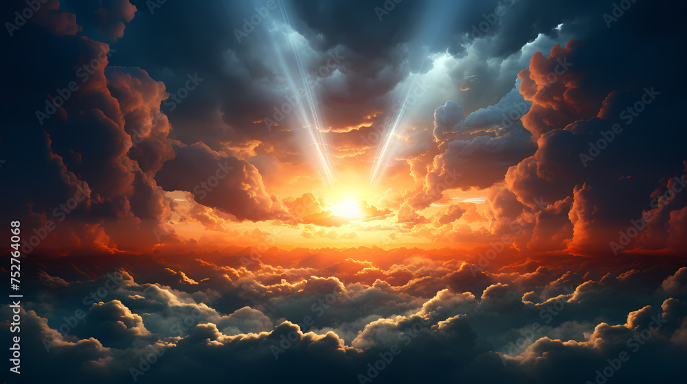 Surreal cloudscape with sun rays breaking through the clouds Surreal cloudscape with sun rays breaking through the clouds