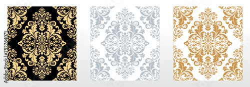 Wallpapers in the style of Baroque. Seamless vector backgrounds. Set of colored floral ornaments. Graphic patterns for fabric, wallpaper, packaging. Ornate Damask flower ornaments