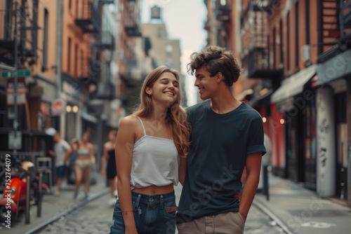 A young couple is walking down a city street, smiling at each other