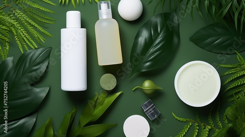 A flat lay of organic skincare products amidst a background of natural elements like leaves and stones.