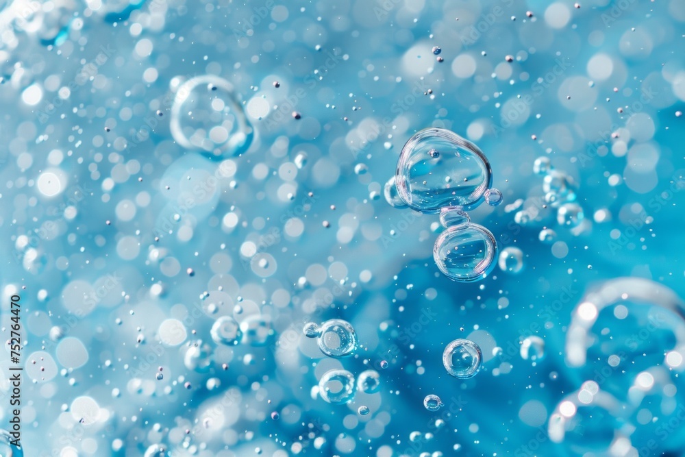 Close-up blue gas bubbles under water. AI generative