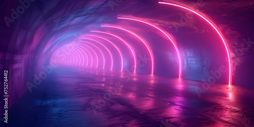 Dark tunnel round arch with illumination of blue and purple light dark long corridor circle neon light . 