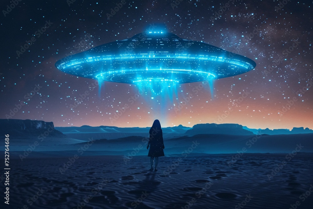 UFO Sighting in the Desert A Woman's Encounter with a Blue Alien Spacecraft Generative AI