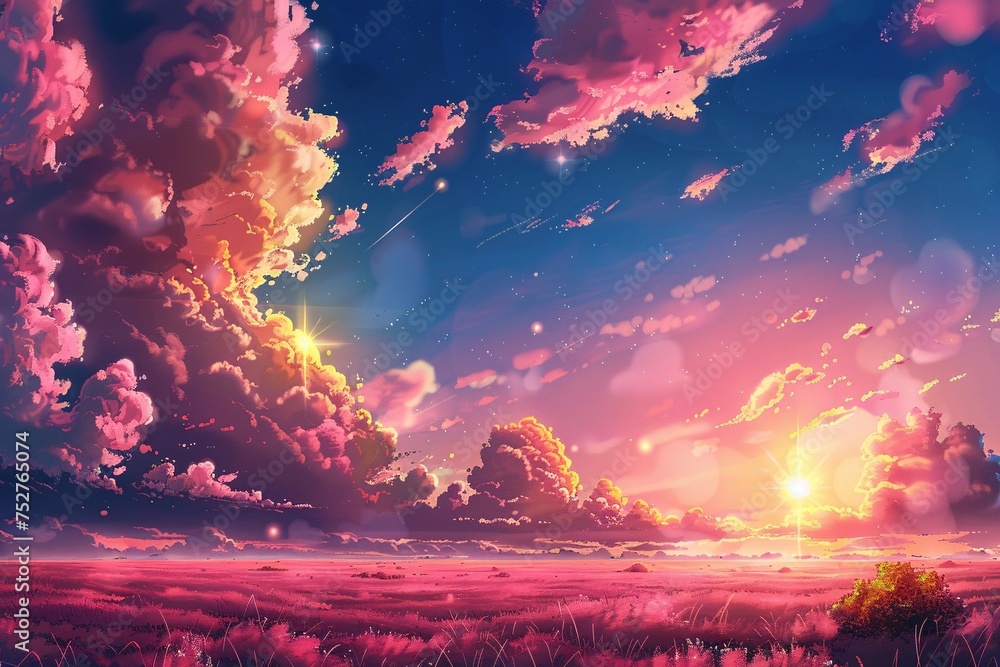 Pink Clouds and Stars A Pink Cloudy Sky with a Pink Sunset Generative AI