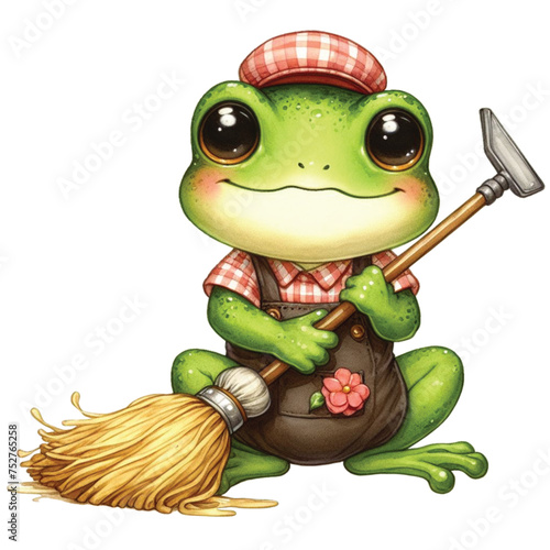 frog cute holding a mop to clean the floor clipart watercolor 
